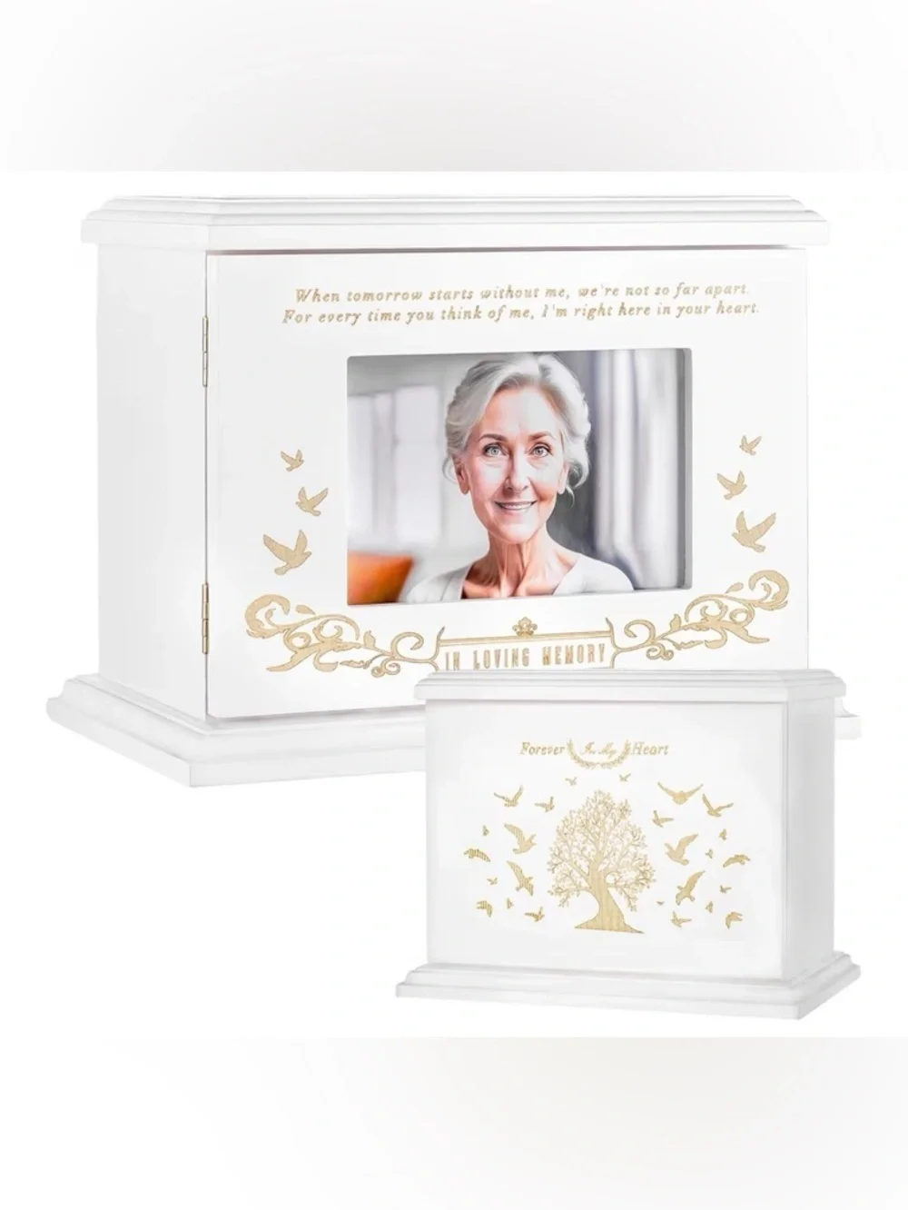 White Memorial Photo Urn Box with Gold Accents - In Loving Memory